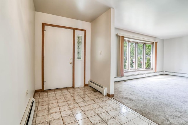 1310 Vinewood Ave, Willow Springs, IL 60480 - foyer with a baseboard radiator, baseboard heating, light colored carpet, and light tile patterned floors