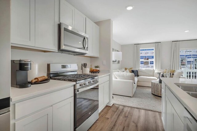 450 Lakeshore Ct, Saint Charles, IL 60174 - kitchen with stainless steel appliances, light wood-style floors, open floor plan, white cabinetry, and light countertops