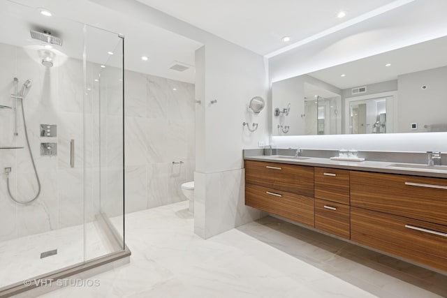 132 E Delaware Pl Unit 5101, Chicago, IL 60611 - full bath with a marble finish shower, double vanity, marble finish flooring, and recessed lighting