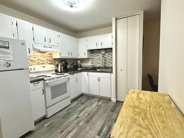 430 Walnut Ave Unit 2308, Lisle, IL 60532 - kitchen featuring white appliances, under cabinet range hood, backsplash, and wood finished floors