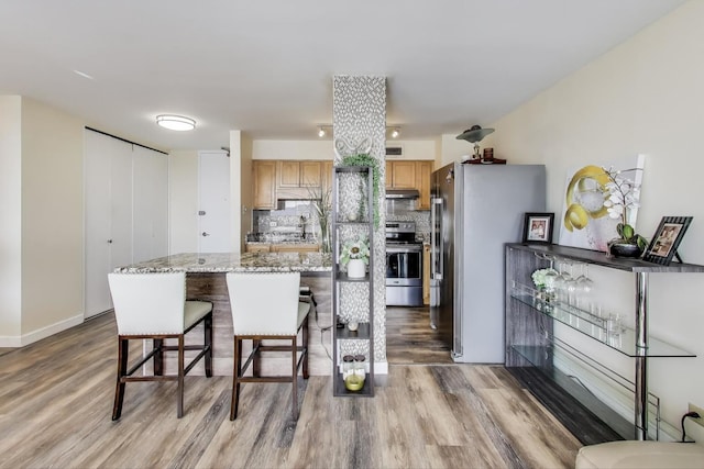 601 E 32nd St Unit 907, Chicago, IL 60616 - kitchen featuring appliances with stainless steel finishes, light wood-style floors, under cabinet range hood, and a kitchen bar
