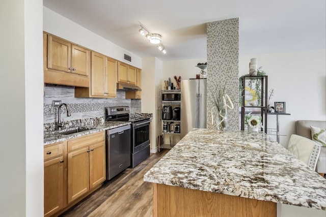 601 E 32nd St Unit 907, Chicago, IL 60616 - kitchen with stainless steel appliances, backsplash, wood finished floors, light stone counters, and under cabinet range hood