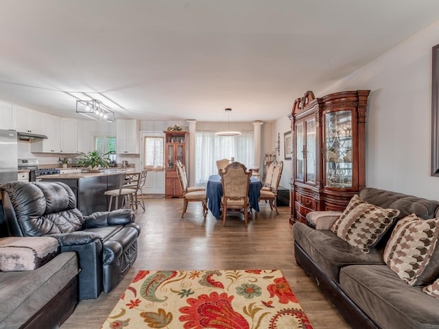 721 Lacy Ave, Streamwood, IL 60107 - living area featuring light wood finished floors and decorative columns
