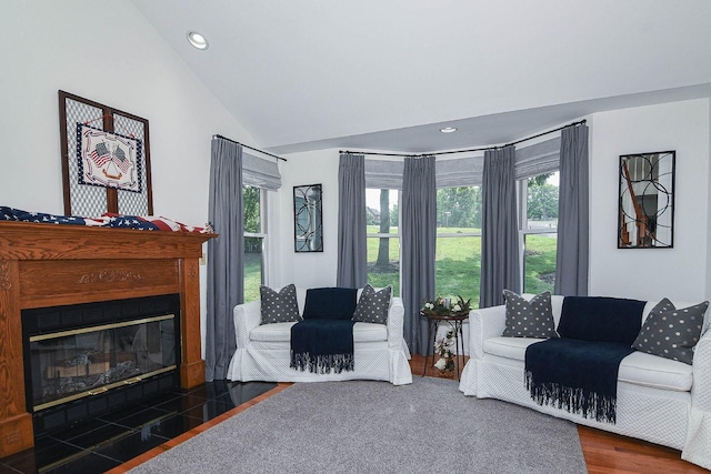 3 Laurel Ct, Galena, IL 61036 - living area with vaulted ceiling, wood finished floors, a fireplace with flush hearth, and recessed lighting