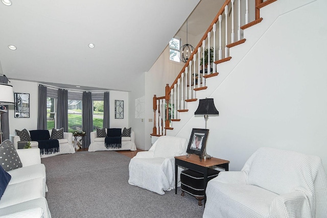 3 Laurel Ct, Galena, IL 61036 - carpeted living room featuring stairway, a towering ceiling, and recessed lighting