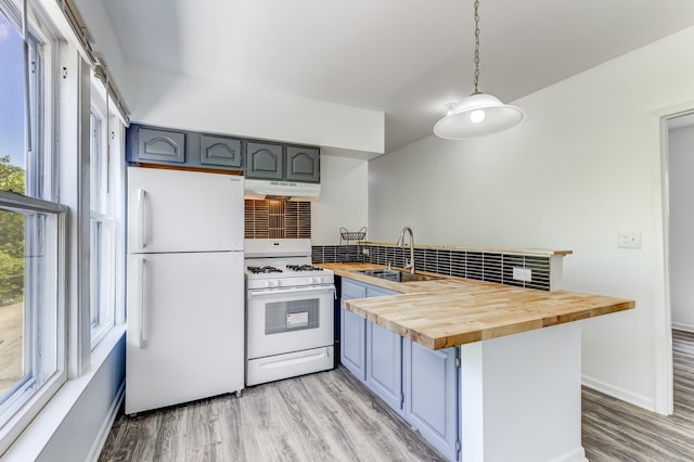 352 W 106th Pl, Chicago, IL 60628 - kitchen with white appliances, under cabinet range hood, a peninsula, wood counters, and light wood-type flooring