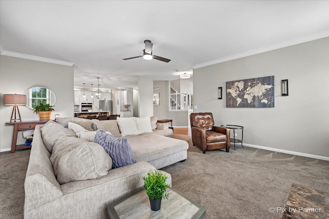 8980 Bardwell Ln, Lakewood, IL 60014 - living area with carpet flooring, ceiling fan, crown molding, and stairway