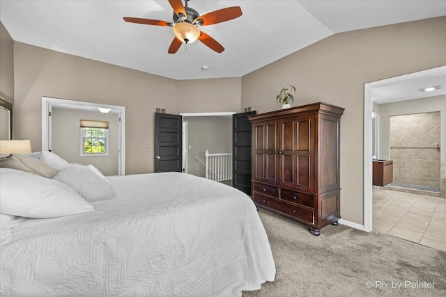 8980 Bardwell Ln, Lakewood, IL 60014 - bedroom with light carpet, ensuite bathroom, ceiling fan, and vaulted ceiling