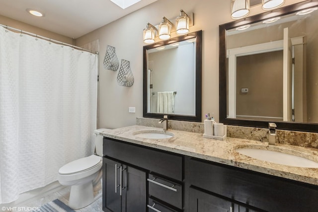 5733 S Neenah Ave, Chicago, IL 60638 - full bath with double vanity, a skylight, and curtained shower