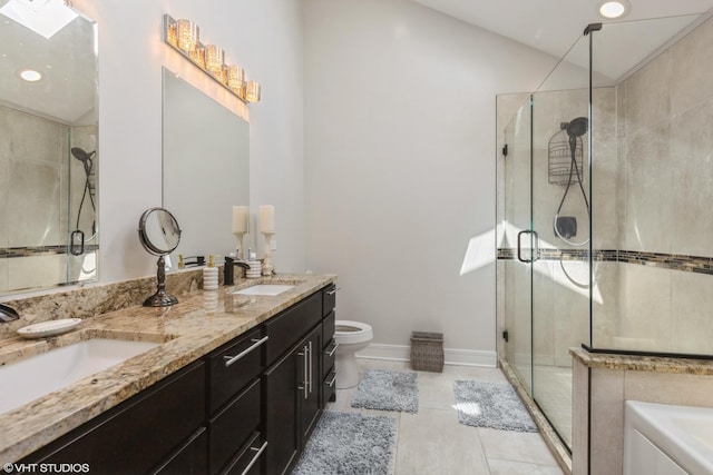 5733 S Neenah Ave, Chicago, IL 60638 - full bathroom featuring a shower stall, double vanity, tile patterned flooring, a garden tub, and recessed lighting