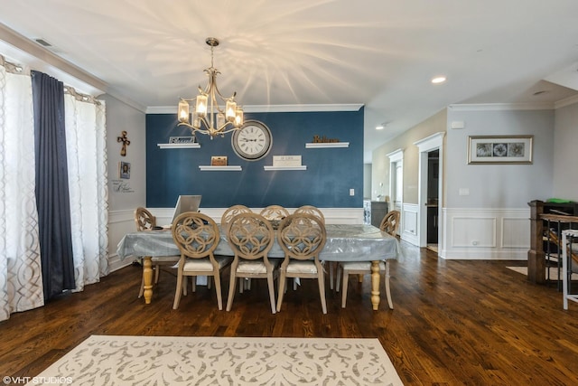 5733 S Neenah Ave, Chicago, IL 60638 - dining room with a chandelier, ornamental molding, wood finished floors, a wainscoted wall, and a decorative wall