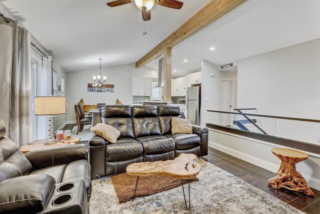 9810 N Lauren Ln, Niles, IL 60714 - living area featuring dark wood-style floors, a chandelier, ceiling fan, and recessed lighting