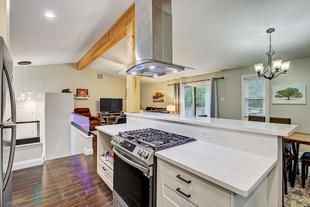 9810 N Lauren Ln, Niles, IL 60714 - kitchen featuring appliances with stainless steel finishes, island range hood, open floor plan, dark wood finished floors, and a chandelier
