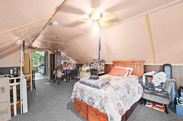 4624 W Montana St, Chicago, IL 60639 - carpeted bedroom with vaulted ceiling, wooden walls, and a ceiling fan