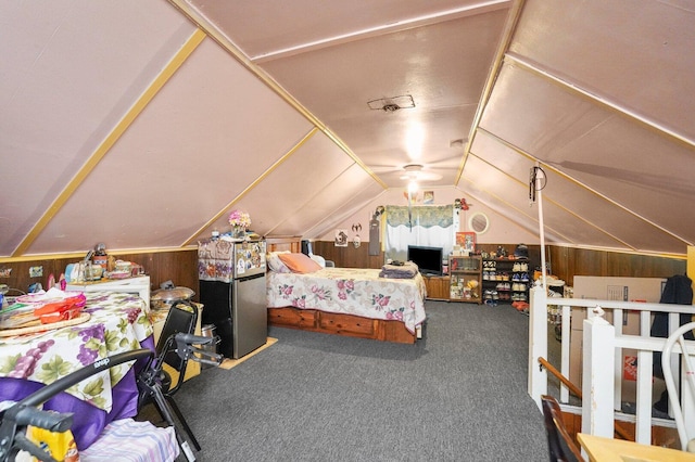 4624 W Montana St, Chicago, IL 60639 - bedroom with carpet flooring, lofted ceiling, wood walls, and freestanding refrigerator