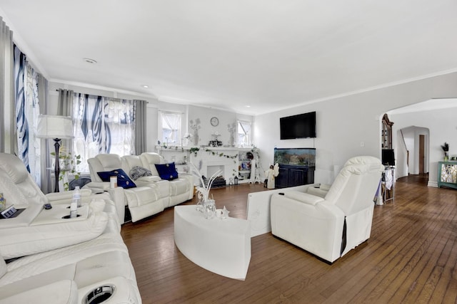 7515 S E End Ave, Chicago, IL 60649 - living room featuring arched walkways, a fireplace, wood finished floors, crown molding, and recessed lighting