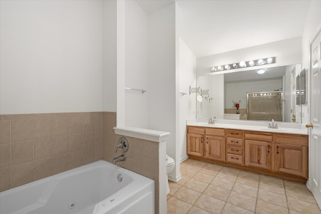 13261 Forest Ridge Dr Unit 0, Palos Heights, IL 60463 - bathroom featuring double vanity, a jetted tub, tile patterned floors, and a tile shower