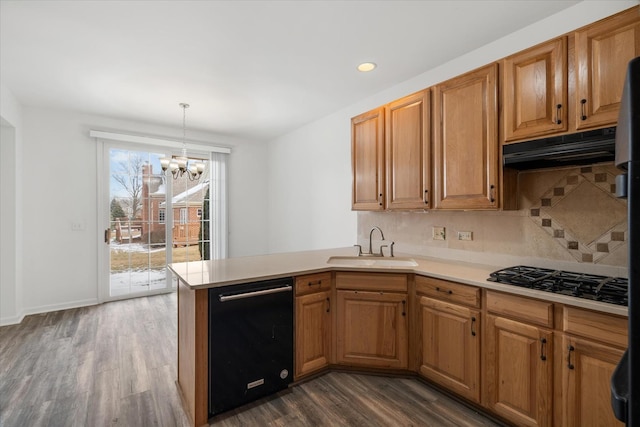 13261 Forest Ridge Dr Unit 0, Palos Heights, IL 60463 - kitchen with black appliances, under cabinet range hood, dark wood finished floors, a chandelier, and a peninsula