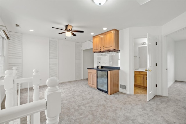 13261 Forest Ridge Dr Unit 0, Palos Heights, IL 60463 - kitchen with beverage cooler, a ceiling fan, recessed lighting, and light carpet