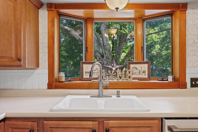 835 E Pells St, Paxton, IL 60957 - kitchen featuring wallpapered walls, a wainscoted wall, dishwasher, and light countertops