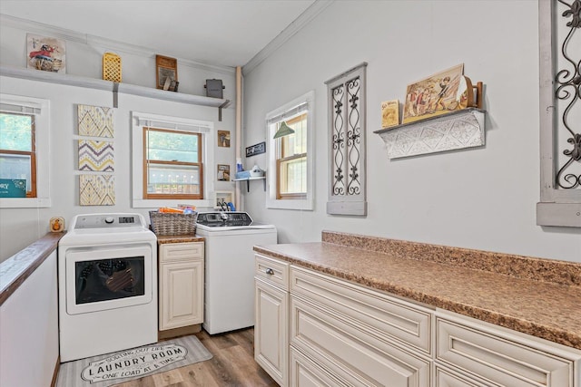 835 E Pells St, Paxton, IL 60957 - laundry room featuring washer and clothes dryer, cabinet space, crown molding, and light wood finished floors