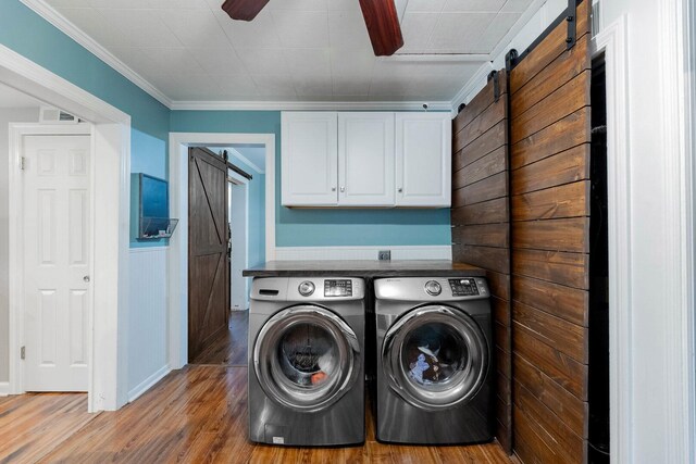 9116 S 53rd Ct, Oak Lawn, IL 60453 - laundry room with washing machine and dryer, cabinet space, wood finished floors, a ceiling fan, and crown molding