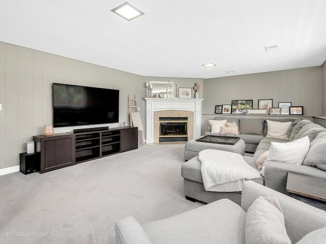 624 63rd St, Downers Grove, IL 60516 - living room with a tile fireplace, carpet floors, and a decorative wall