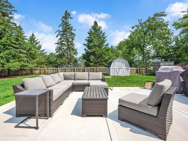 624 63rd St, Downers Grove, IL 60516 - fenced backyard featuring an outdoor living space, a shed, grilling area, and a patio