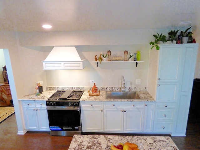 432 Thunder Rdg, Lake In The Hills, IL 60156 - kitchen featuring stainless steel gas range oven, custom range hood, dark wood-type flooring, light stone counters, and recessed lighting