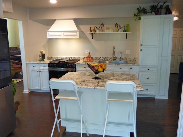 432 Thunder Rdg, Lake In The Hills, IL 60156 - kitchen featuring gas range oven, custom exhaust hood, light stone countertops, white cabinetry, and recessed lighting