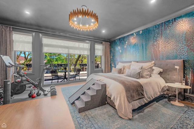 1469 W Byron St Unit 2, Chicago, IL 60613 - bedroom featuring access to outside, wood finished floors, ornamental molding, and recessed lighting