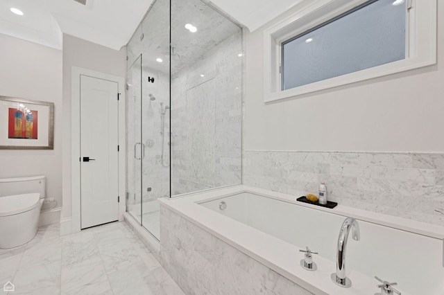 1469 W Byron St Unit 2, Chicago, IL 60613 - full bathroom featuring a marble finish shower, a garden tub, marble finish floors, and recessed lighting