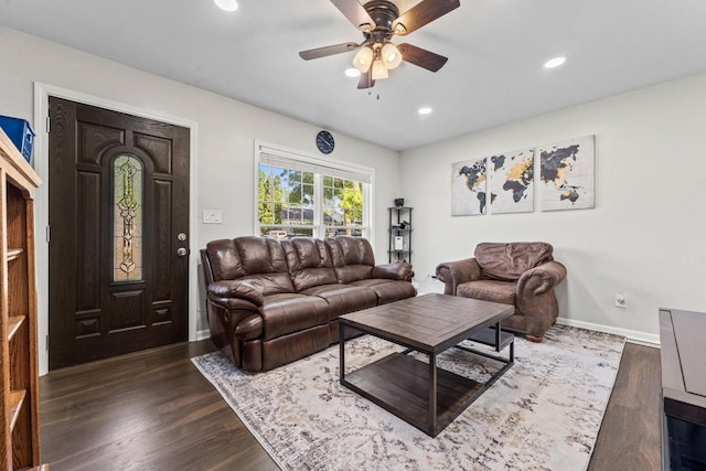 2110 Joanna Ave, Zion, IL 60099 - living room featuring a ceiling fan, dark wood-style flooring, and recessed lighting