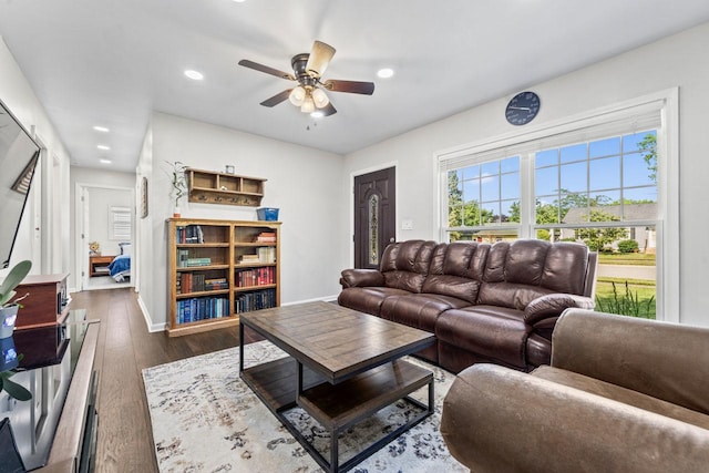 2110 Joanna Ave, Zion, IL 60099 - living room featuring a ceiling fan, dark wood finished floors, and recessed lighting