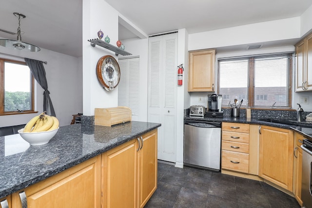 7904 W N Ave Unit 605E, Elmwood Park, IL 60707 - kitchen with dishwasher, dark stone counters, and light brown cabinets
