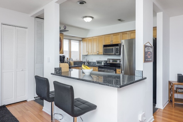 7904 W N Ave Unit 605E, Elmwood Park, IL 60707 - kitchen featuring stainless steel appliances, light wood finished floors, dark stone countertops, a peninsula, and light brown cabinets
