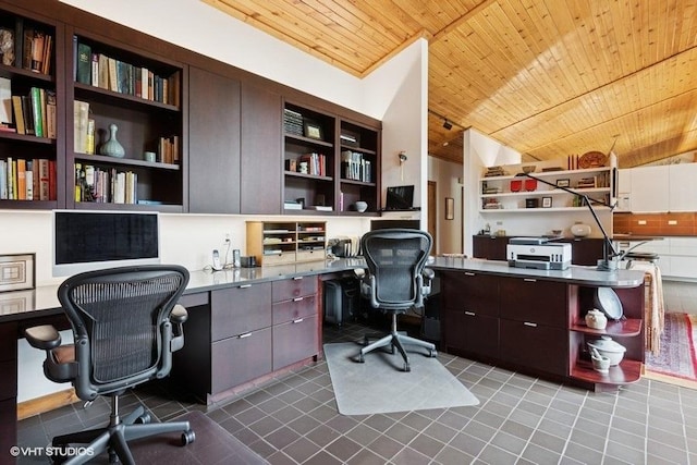 41W955 Northway Dr, Elburn, IL 60119 - tiled office with built in desk, wooden ceiling, and lofted ceiling