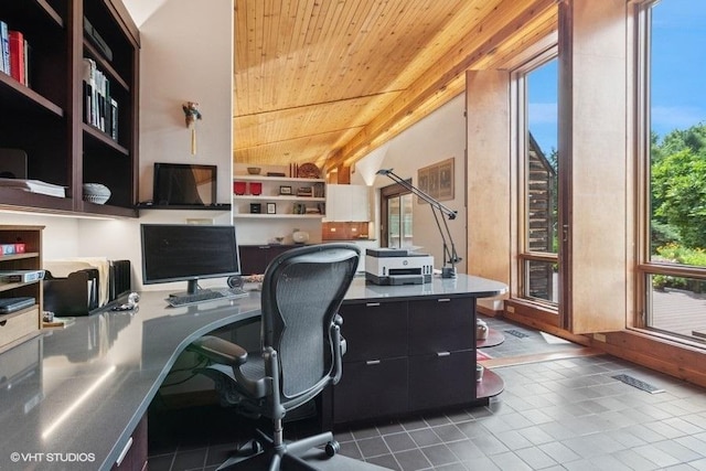 41W955 Northway Dr, Elburn, IL 60119 - office featuring wooden ceiling, healthy amount of natural light, vaulted ceiling, and tile patterned floors