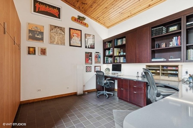 41W955 Northway Dr, Elburn, IL 60119 - office featuring wood ceiling, lofted ceiling, built in desk, and dark tile patterned floors