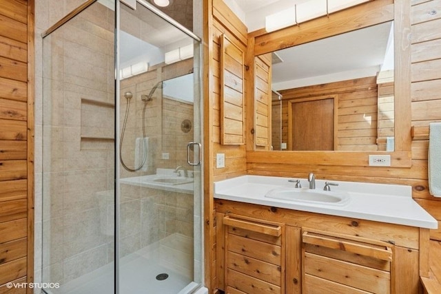 41W955 Northway Dr, Elburn, IL 60119 - full bathroom featuring vanity, a stall shower, and wood walls