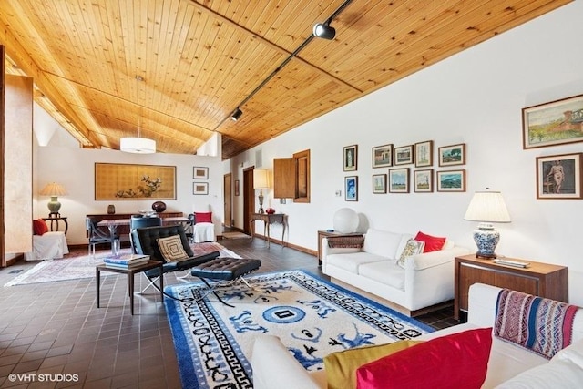 41W955 Northway Dr, Elburn, IL 60119 - living room featuring wood ceiling, lofted ceiling, and track lighting