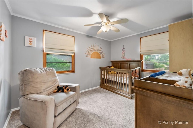 8920 Mcvicker Ave, Morton Grove, IL 60053 - carpeted bedroom featuring ornamental molding, ceiling fan, and a nursery area