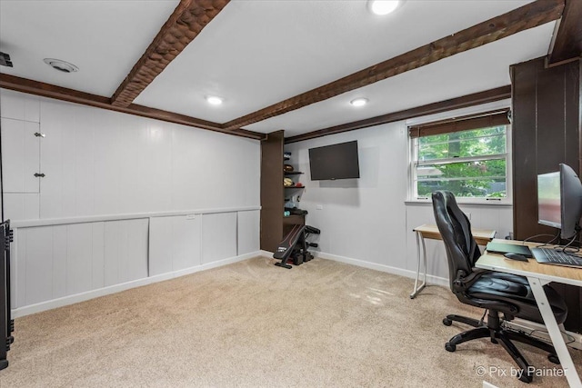 8920 Mcvicker Ave, Morton Grove, IL 60053 - home office with carpet floors, beam ceiling, recessed lighting, and a decorative wall