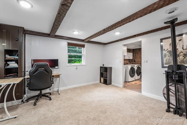 8920 Mcvicker Ave, Morton Grove, IL 60053 - carpeted home office featuring washer and clothes dryer and beam ceiling