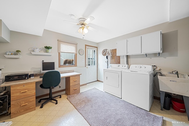 14224 Karlov Ave, Crestwood, IL 60418 - laundry room with washing machine and clothes dryer, cabinet space, ceiling fan, an office area, and light floors