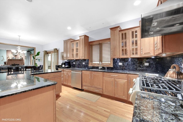 22450 Autumn Dr, Frankfort, IL 60423 - kitchen with extractor fan, dishwasher, light wood-style flooring, a chandelier, and decorative backsplash