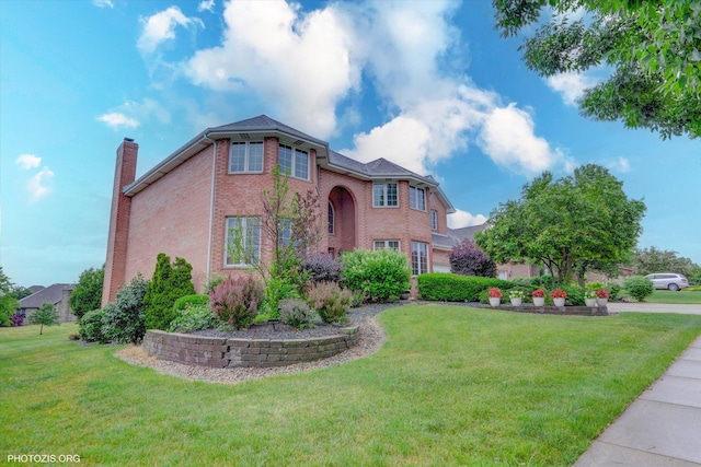 22450 Autumn Dr, Frankfort, IL 60423 - traditional-style home featuring brick siding, a front lawn, and a chimney
