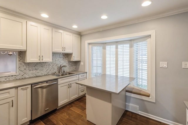 7350 Lavergne Ave, Skokie, IL 60077 - kitchen with stainless steel dishwasher, healthy amount of natural light, backsplash, crown molding, and recessed lighting