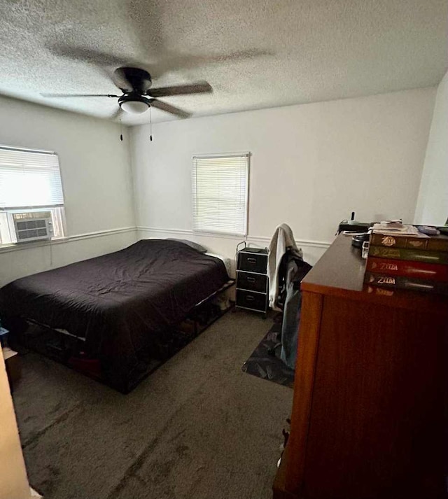 2251 Grandview Ave, Crest Hill, IL 60403 - bedroom with cooling unit, dark colored carpet, a textured ceiling, and a ceiling fan