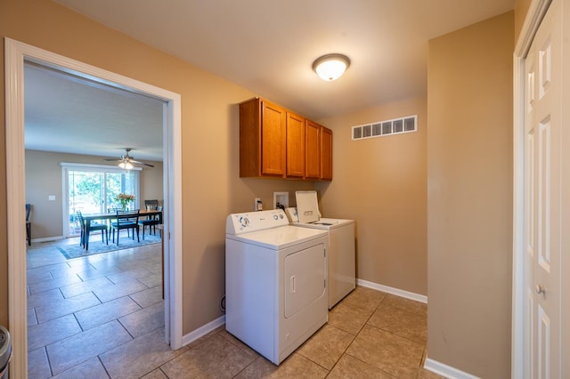 1715 W River St Unit 1715, Dixon, IL 61021 - laundry area featuring cabinet space, ceiling fan, washing machine and clothes dryer, and light tile patterned floors